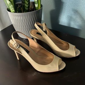 Ann Taylor tan Patton, leather strapped ankle high heel - size 6
